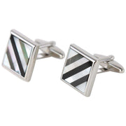 David Van Hagen Rhodium Plated Mother of Pearl and Onyx Striped Square Cufflinks - White/Black/Silver